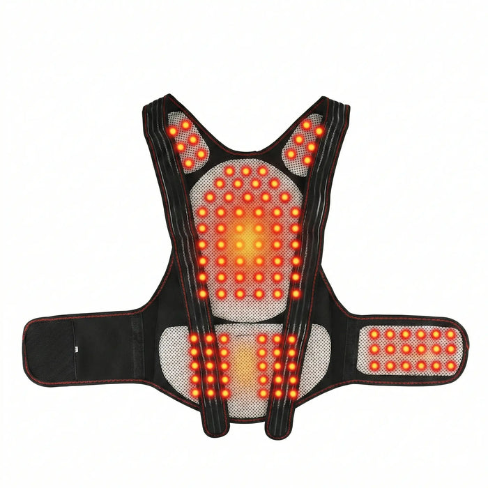 Unisex thermal fabric heated neck wrap with adjustable support brace and magnetic therapy for soothing heat relief.