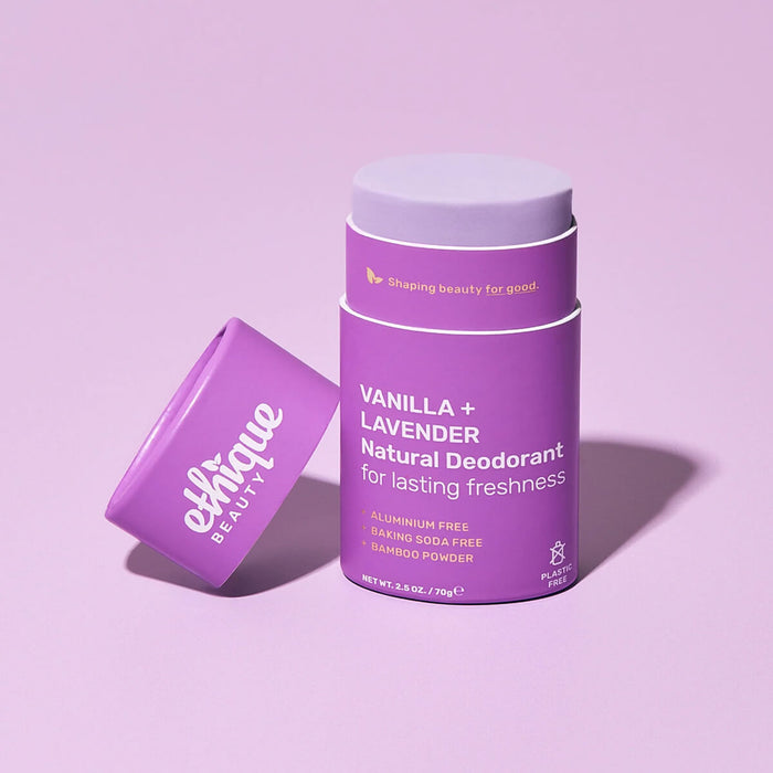Ethique Vanilla + Lavender Natural Deodorant 70g with cap off.