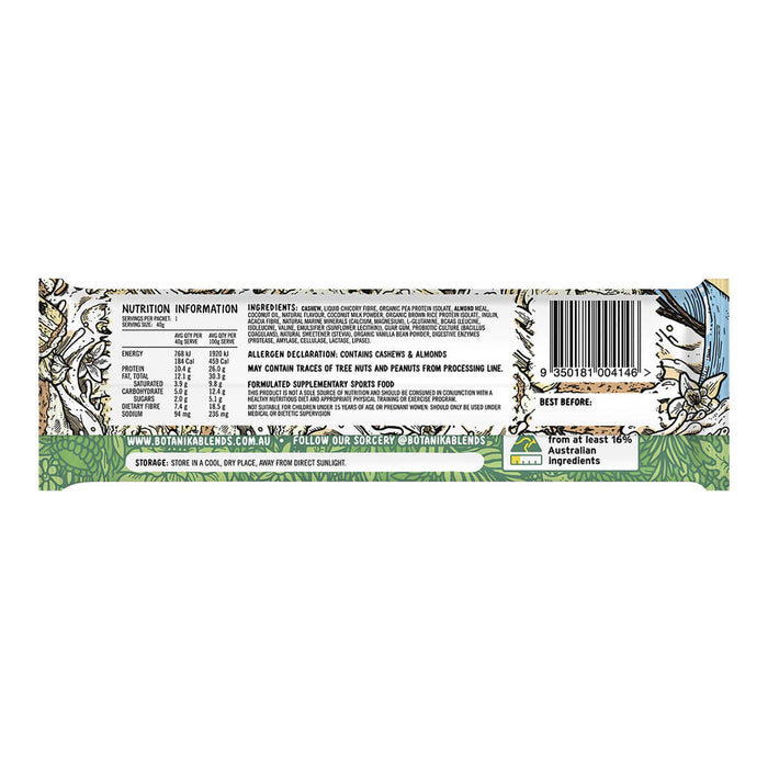 Back of 40g Botanika Blends Vegan Protein Bar in Vanilla Cake Batter flavour, showing nutrition information and ingredients.
