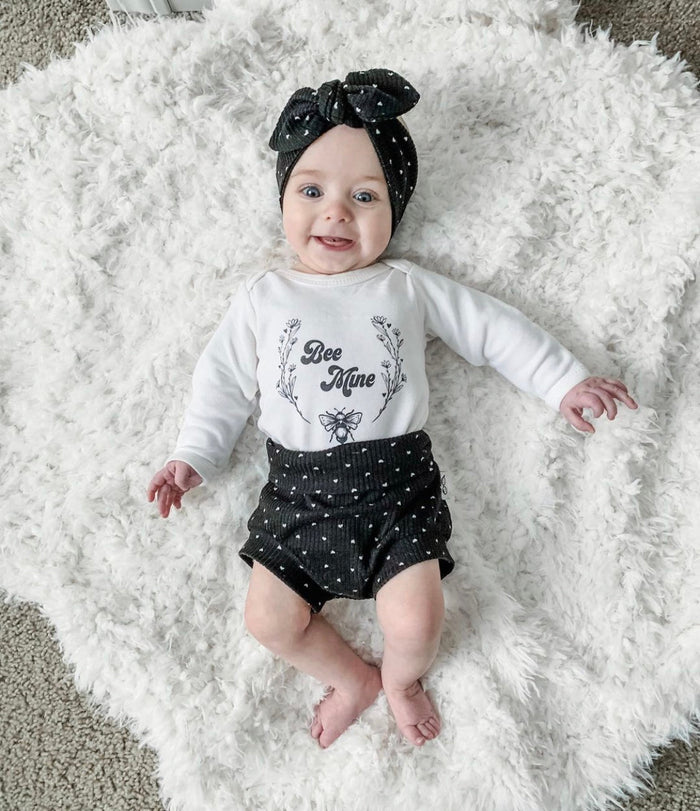 White Hearts on Black Ribbed Headbands