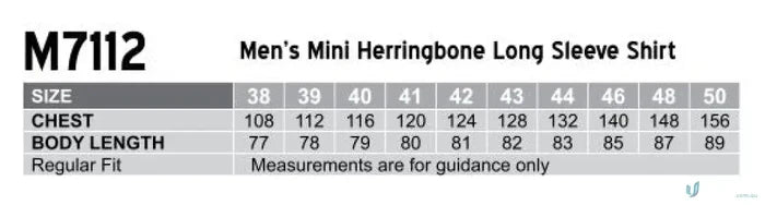 Men’s mini herringbone long shirt size chart for Winning Spirit Mini Herringbone L/S Shirt