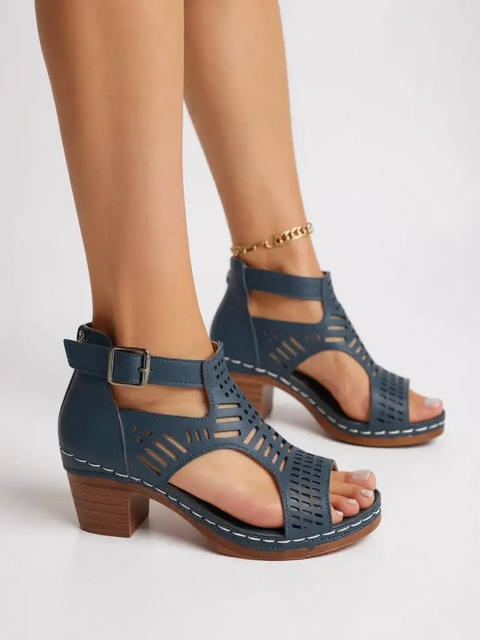 Women's breathable leather orthopedic block heel sandals with elegant cutout design, perfect for summer comfort and style.
