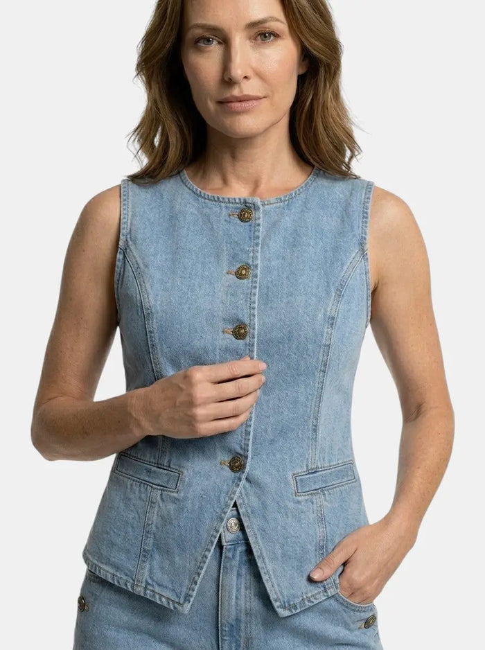 Women's denim co-ord set with tailored waistcoat and wide-leg trousers, stylish and casual outfit from LondonLaneStore.