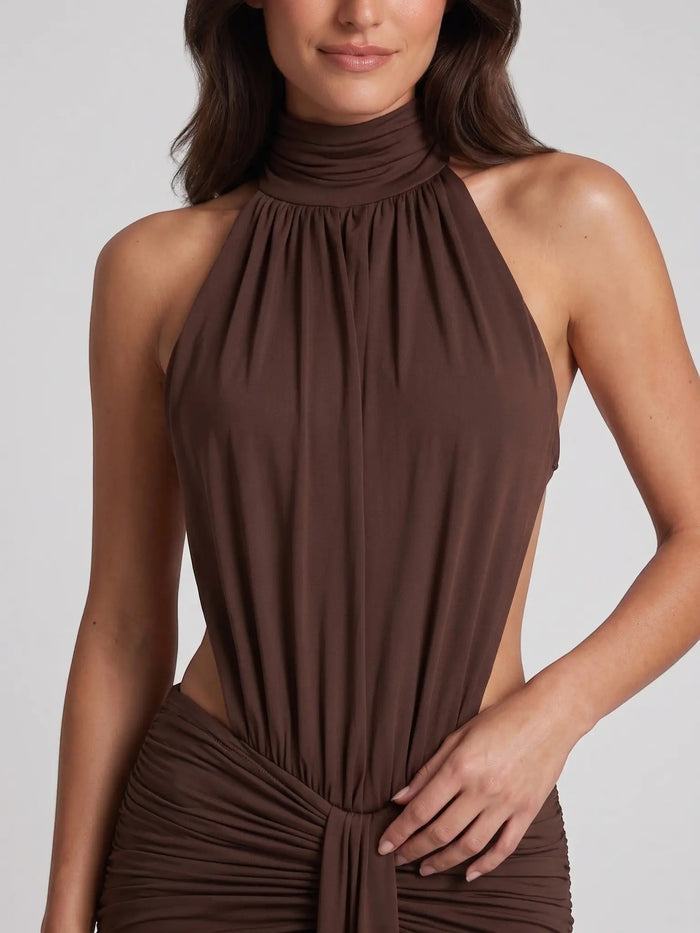 Elegant backless women's bodycon maxi dress with halter neck, suitable for formal evening events, by LondonLaneStore.