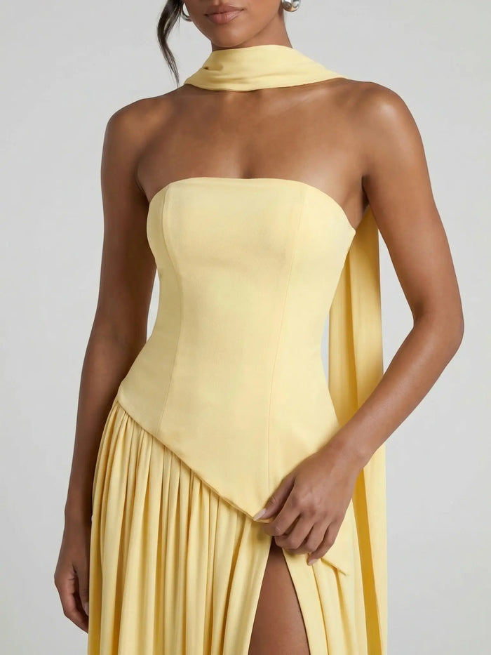 Elegant women's chiffon evening dress with strapless design, floor-length gown with scarf detail, from LondonLaneStore.