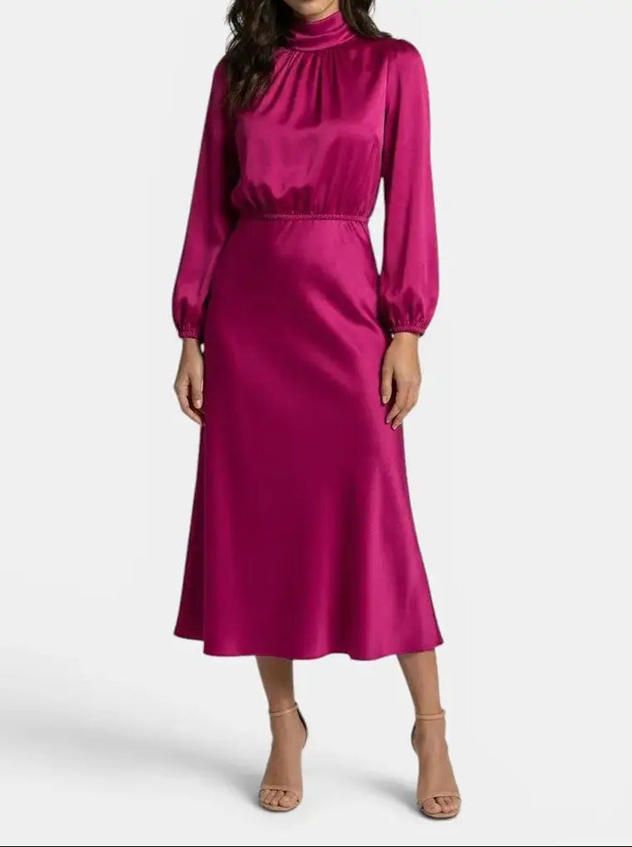 Elegant women's high neck midi dress by LondonLaneStore featuring long sleeves and a sophisticated cocktail gown design.