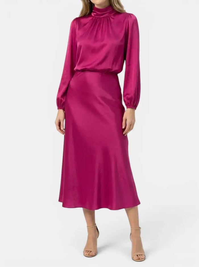 Elegant women's high-waist midi dress by LondonLaneStore, featuring long sleeves and a sophisticated formal cocktail gown style.
