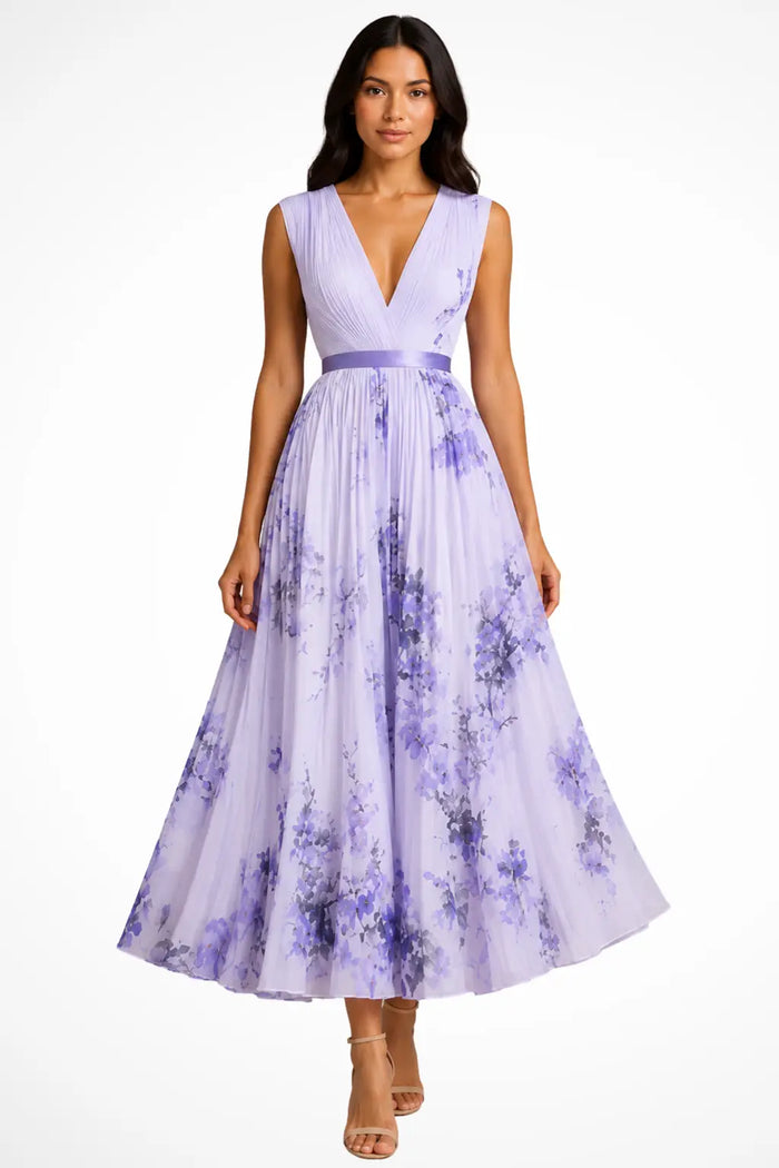 Women's floral print midi dress with V-neck and pleated design, sleeveless summer dress from LondonLaneStore.