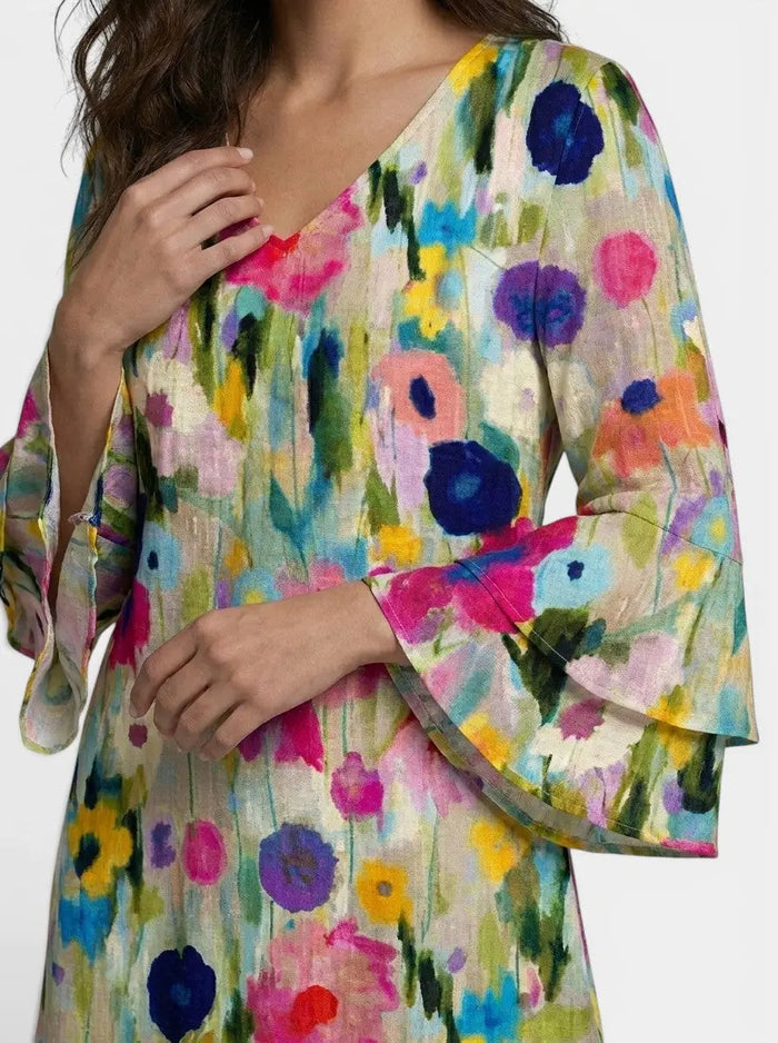 Women's floral print mini dress with V-neck, elegant summer dress perfect for special occasions, by LondonLaneStore.