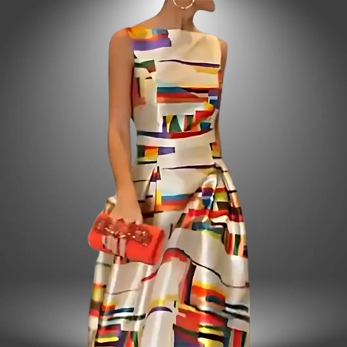 Women’s geometric print maxi dress by LondonLaneStore featuring a flowing sleeveless summer design.
