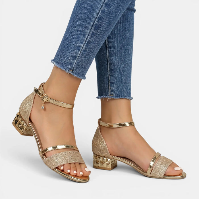 Women's Glittery Double Strap Sandals | Chic Low Block Heel Footwear LondonLaneStore