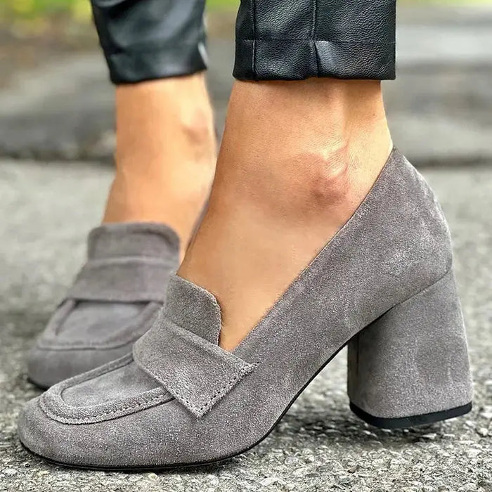 Women's leather block heel loafers by LondonLaneStore featuring elegant design and comfortable chic style.