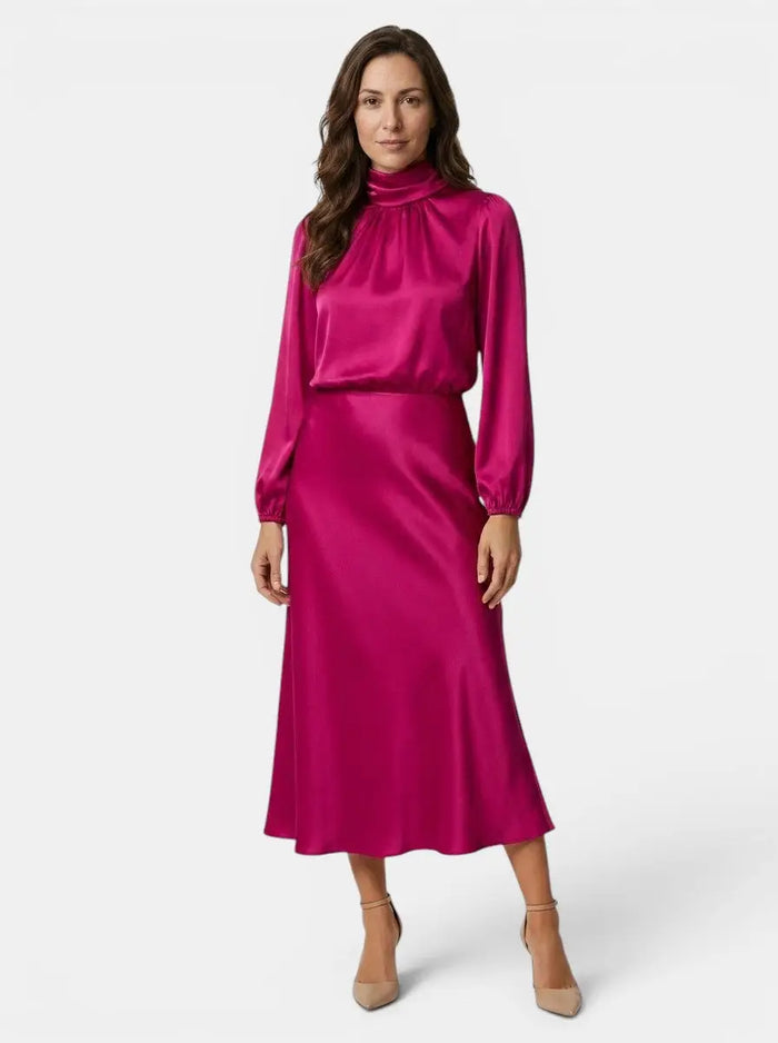 Women's lustrous midi dress with high neck and flared hem, elegant cocktail dress from LondonLaneStore.