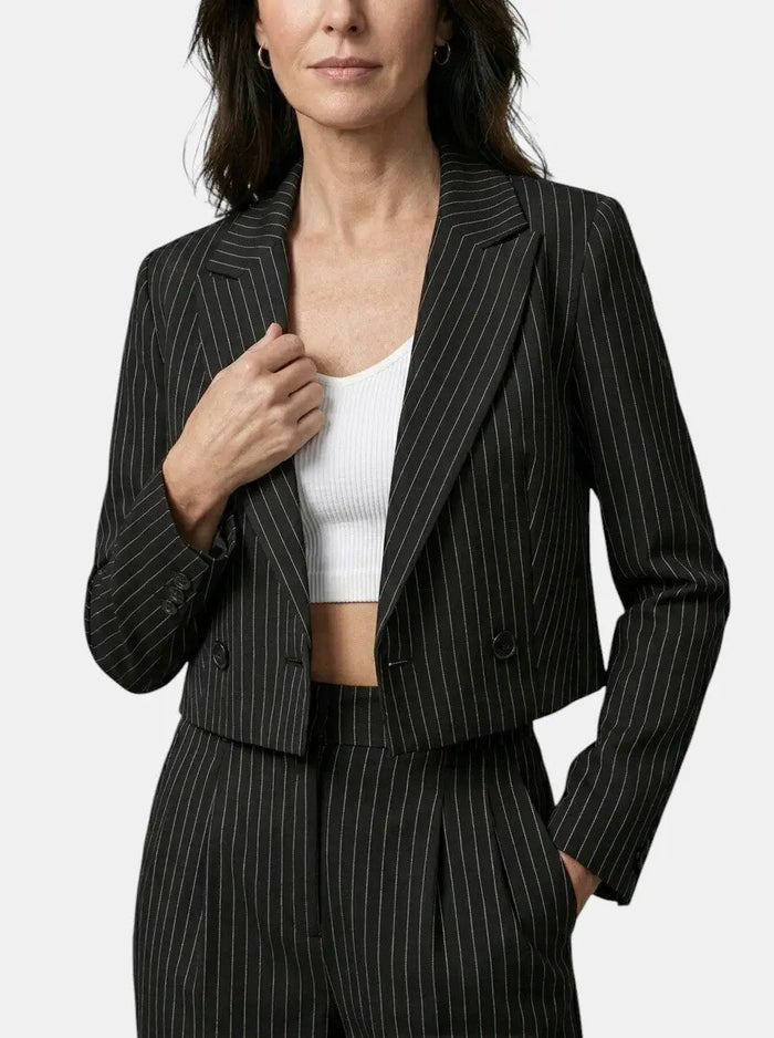 Women's pinstripe suit featuring a tailored cropped blazer and wide-leg trousers, stylish and professional from LondonLaneStore.