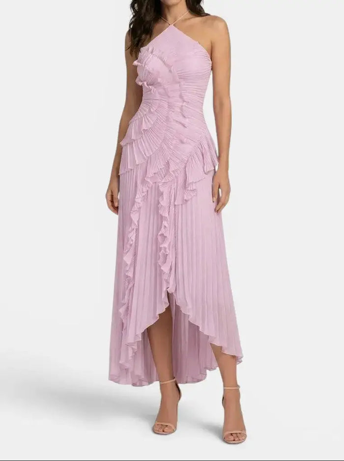 Elegant women's pleated fabric maxi dress with ruffled halter neckline, perfect for summer occasions from LondonLaneStore.