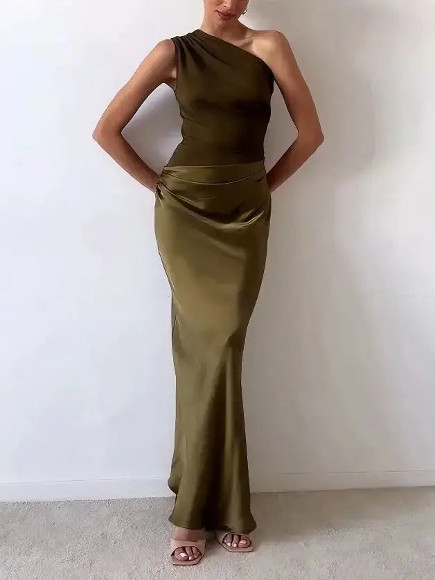 Women's pleated maxi dress with asymmetric one-shoulder design, elegant summer gown in flowing fabric from LondonLaneStore.