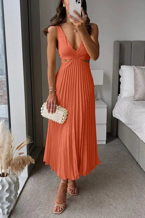 Women's pleated polyester midi dress with flowing V-neck design, perfect for summer, in a stylish and elegant silhouette.