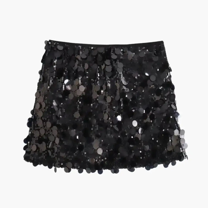 Shimmering sequin mini skirt for women with a sleek straight hem, perfect for party wear, by LondonLaneStore.