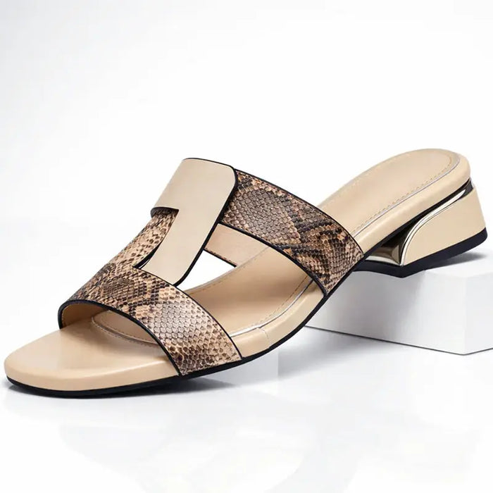 Women's smooth leather T-strap sandals with snake print design, stylish casual orthopedic footwear for comfortable summer wear.