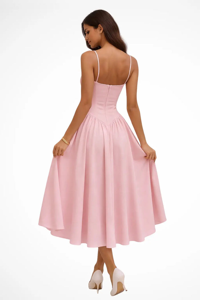 Women’s structured corset midi dress with flared A-line silhouette, featuring fitted bodice and flowing skirt in elegant style.