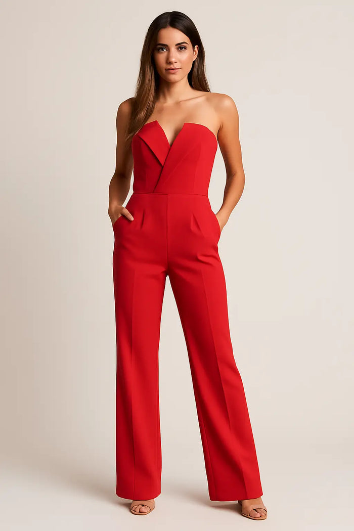 Women's tailored fabric jumpsuit with elegant V-neck and wide-leg design, featuring a sleek, modern silhouette.