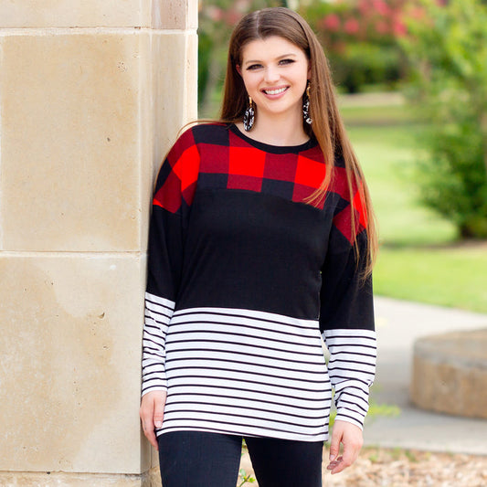10362 - Buffalo Plaid and Stripes Long Sleeve Top
