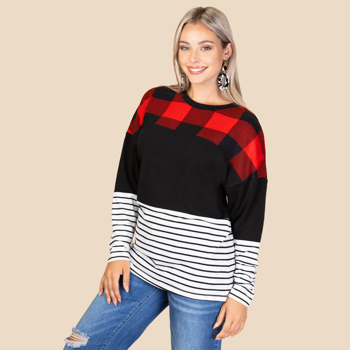 10362 - Buffalo Plaid and Stripes Long Sleeve Top