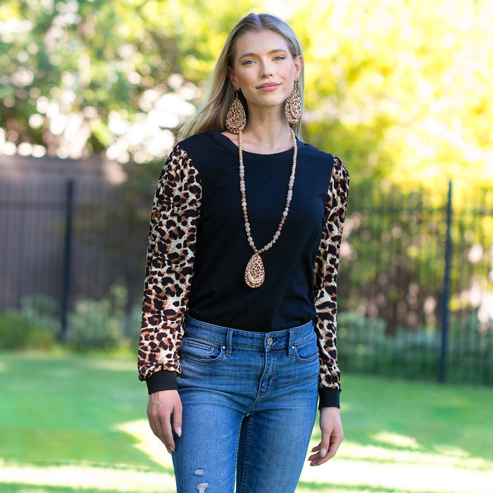 10620 - Leopard Long Sleeve Puffed Top - Black