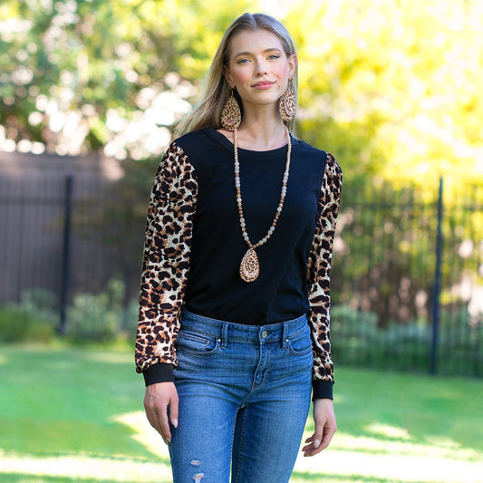10620 - Leopard Long Sleeve Puffed Top - Black