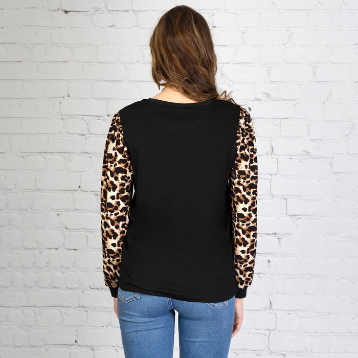 10620 - Leopard Long Sleeve Puffed Top - Black