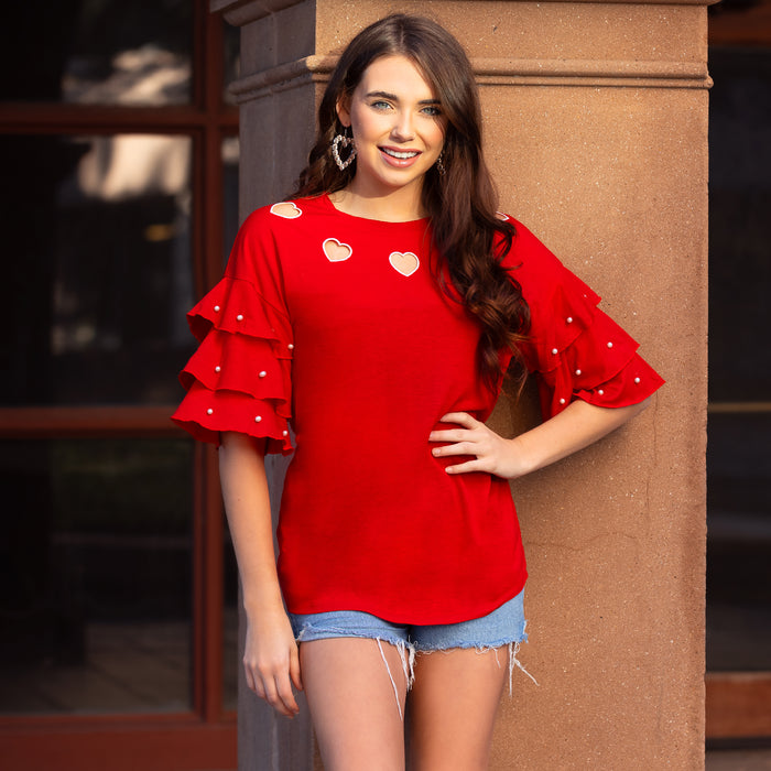 10971 - Heart Top with Pearl Ruffle Sleeves
