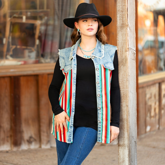 10984 - Serape Print Sleeveless Denim Button Down Top