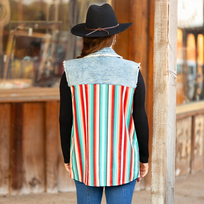 10984 - Serape Print Sleeveless Denim Button Down Top
