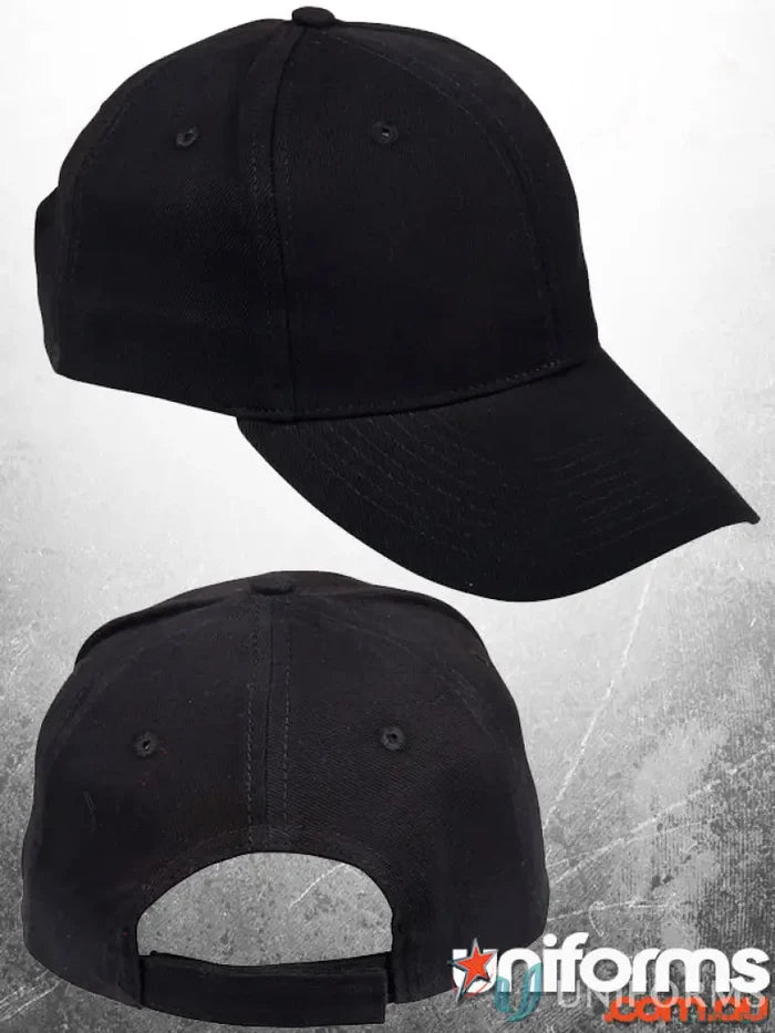 Two views of a black heavy brushed cotton 6-panel structured winning spirit traditional cap with fabric strap