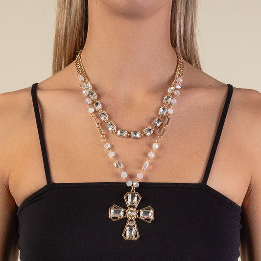 1203 - Crystal Cross Necklace - White