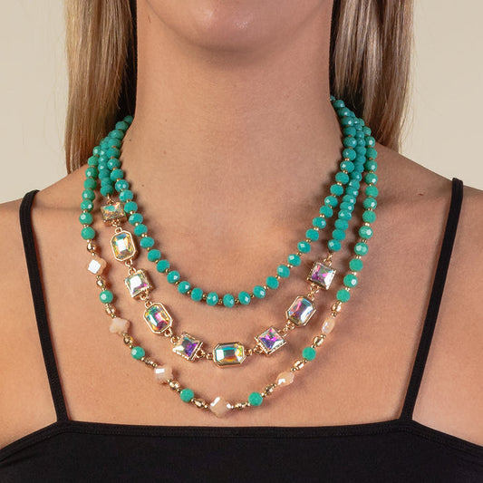 1204 - Layered Beaded Necklace - Turquoise