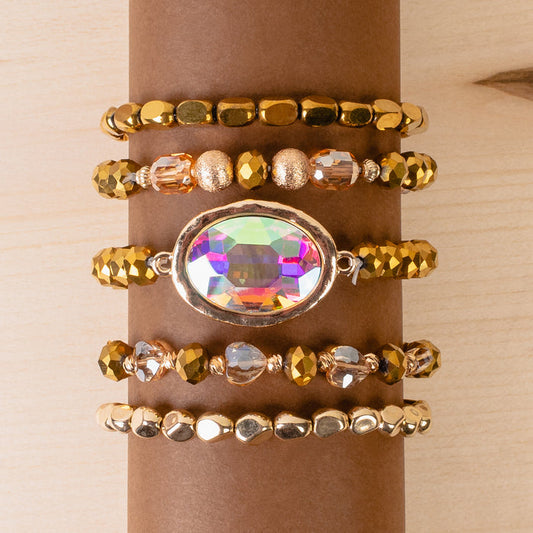 1416 - Crystal Beaded Stacked Bracelets - Gold