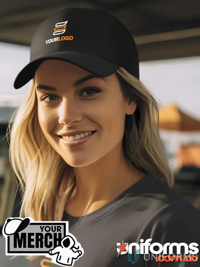 Black baseball cap made of heavy brushed cotton with embroidery price included in MOQ25 caps