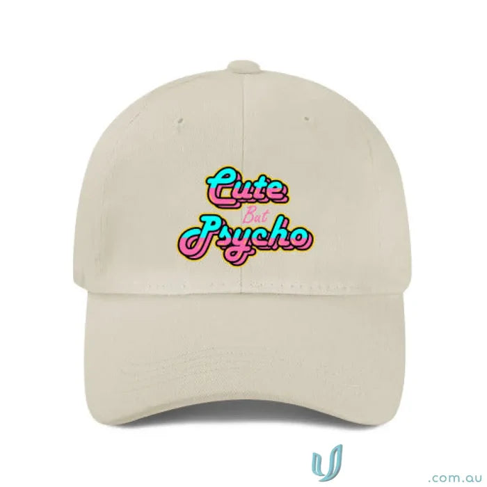 Beige heavy brushed cotton baseball cap with cute but psycho pink cyan embroidery