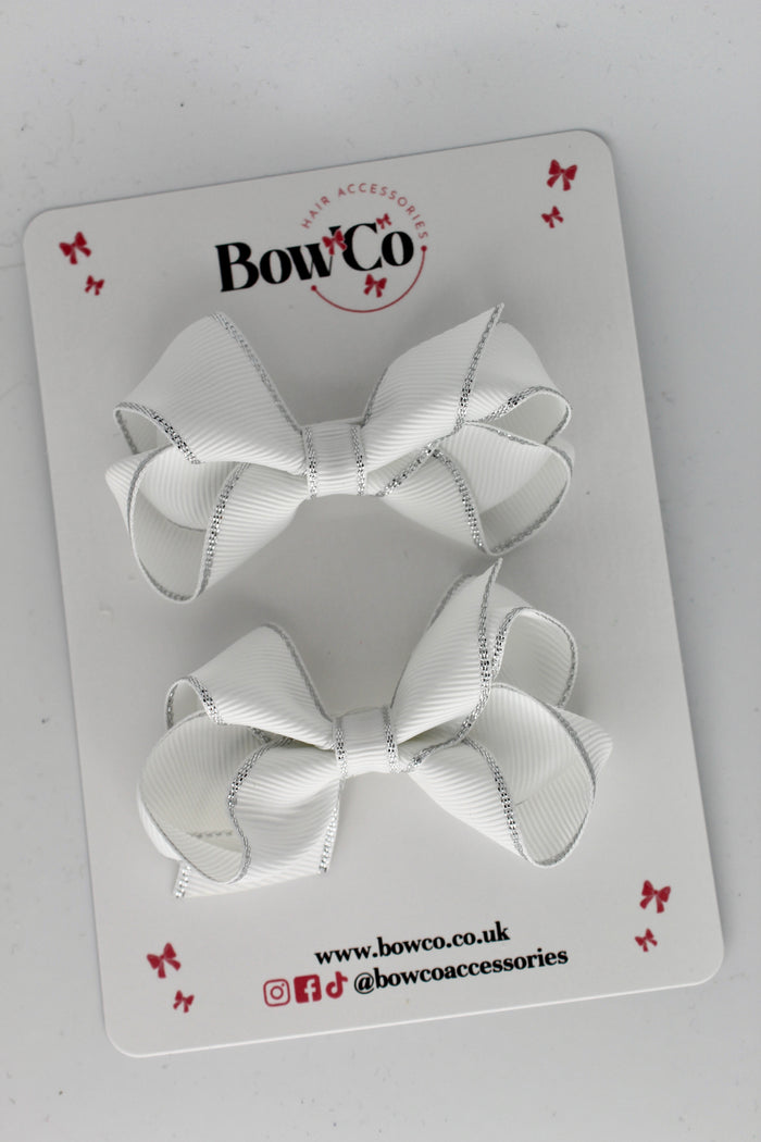 3 Inch Twist Bow with silver edging - White - Clips