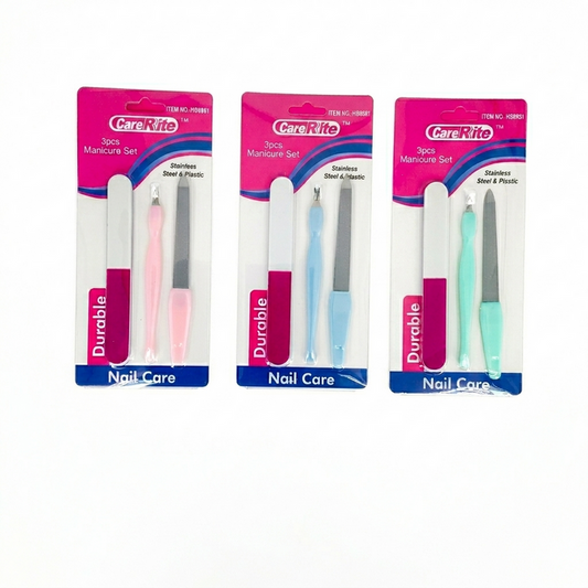 Three packages of CareRite nail care sets with different colored tools on a white background.