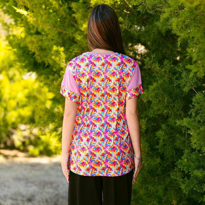 30005 - Abstract Print Half Sleeve Top with Lace Shoulders