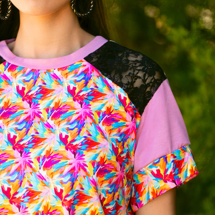 30005 - Abstract Print Half Sleeve Top with Lace Shoulders