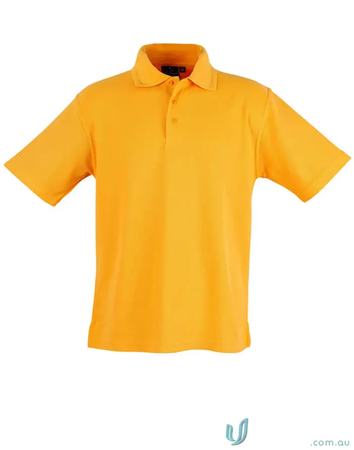 Orange short-sleeved polo shirt with poly cotton pique, ridged collar, twin-needle stitching