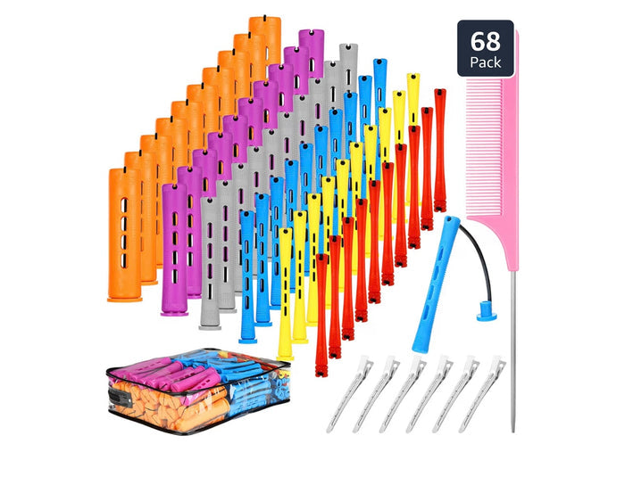Butterbloom 68 pcs hair perm rods set with 6 sizes, plastic cold wave rods, rat tail combs, hair clips for styling and perming.