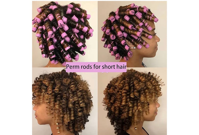 Butterbloom 68 pcs hair perm rods set with 6 sizes, plastic cold wave rods, rat tail combs, and hair clips for styling and perming.