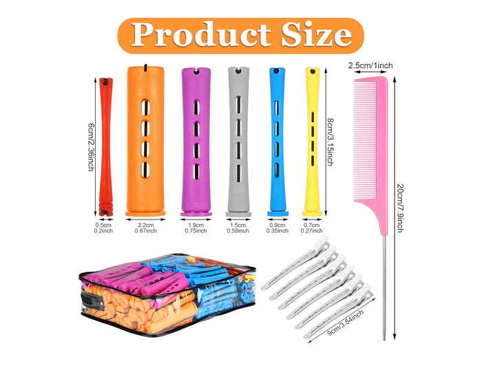 Set of 68 butterbloom plastic hair perm rods with 6 sizes, rat tail combs, and hair clips for styling and curling natural or long hair.