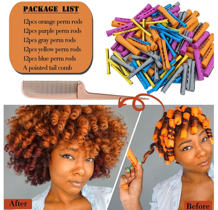 Butterbloom 68-piece hair perm rods set with 6 sizes, plastic cold wave rods, rat tail combs, and hair clips for styling.