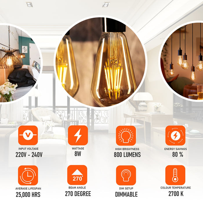 6Pack-E27 8W ST64 Screw Dimmable LEDSone Long Filament Bulb ~4173