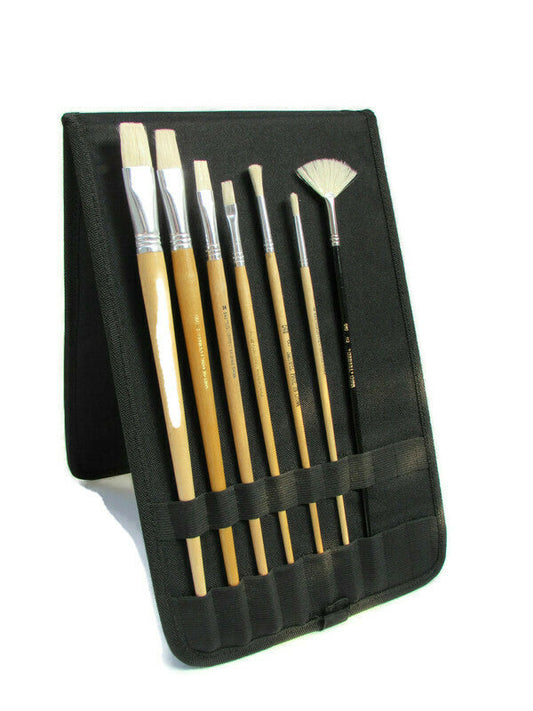 7pcs Artist Paint Brush Set White Bristle Hair Oil-Acrylic with Brush Case